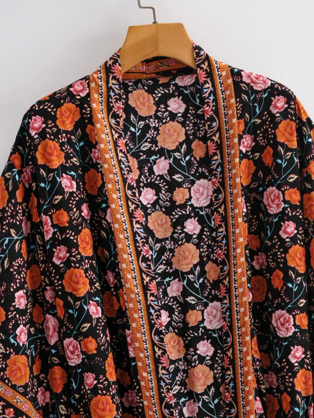 Black Rose Floral Print Rayon Long Cardigan Coat